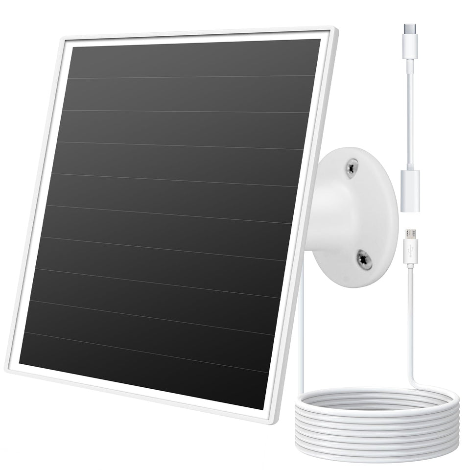 Orayafid 6W solar panel mounted on an outdoor security camera for continuous sunlight-powered charging.