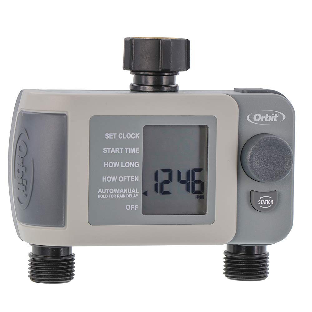 Orbit 2-Outlet timer on faucet with clear display showing watering settings