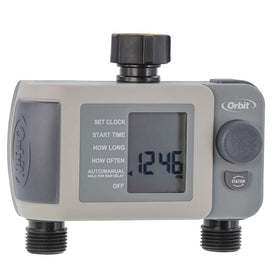Orbit 2-Outlet timer on faucet with clear display showing watering settings