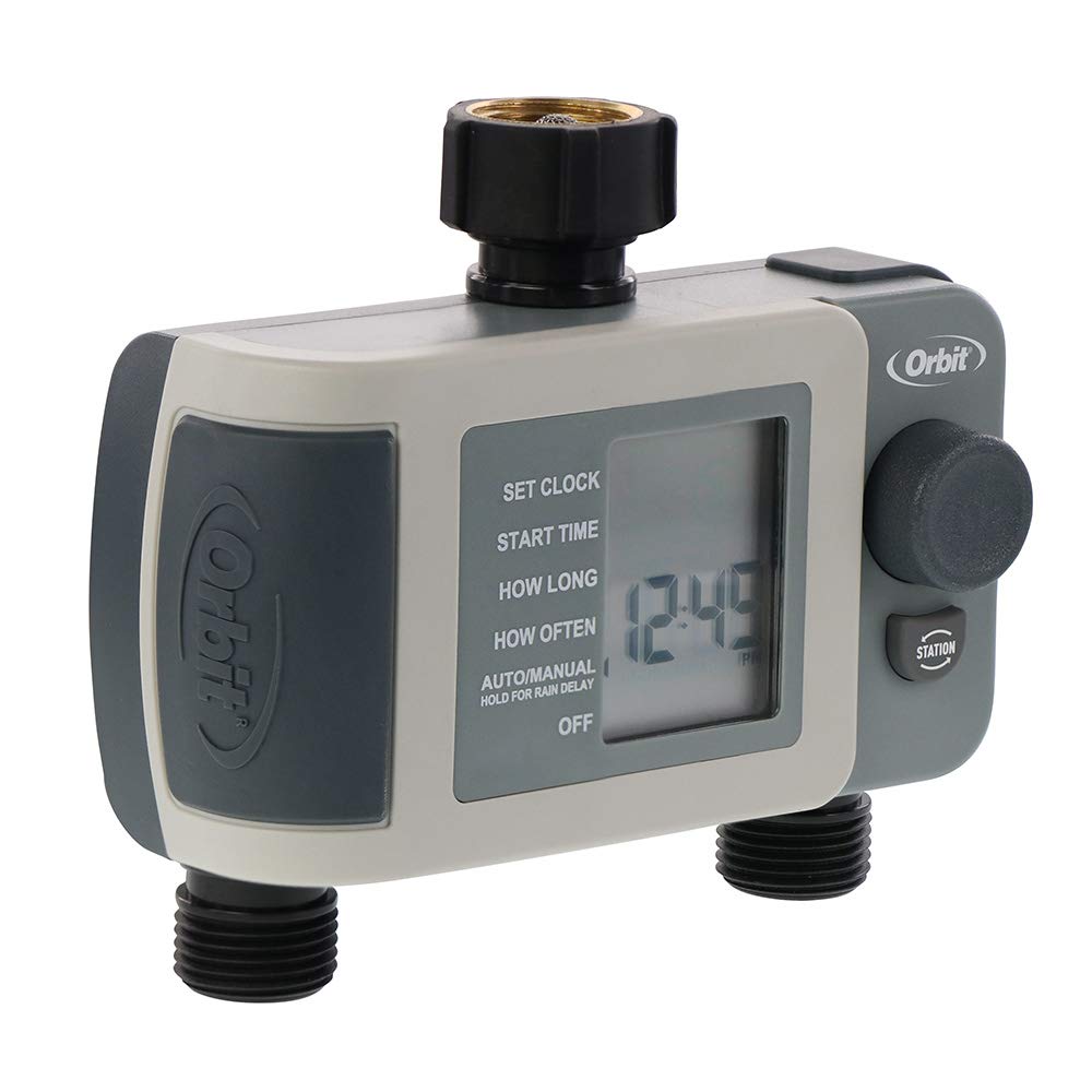 Orbit 2-Outlet timer highlighting rain delay feature to pause watering
