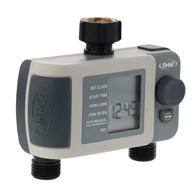 Orbit 2-Outlet timer highlighting rain delay feature to pause watering