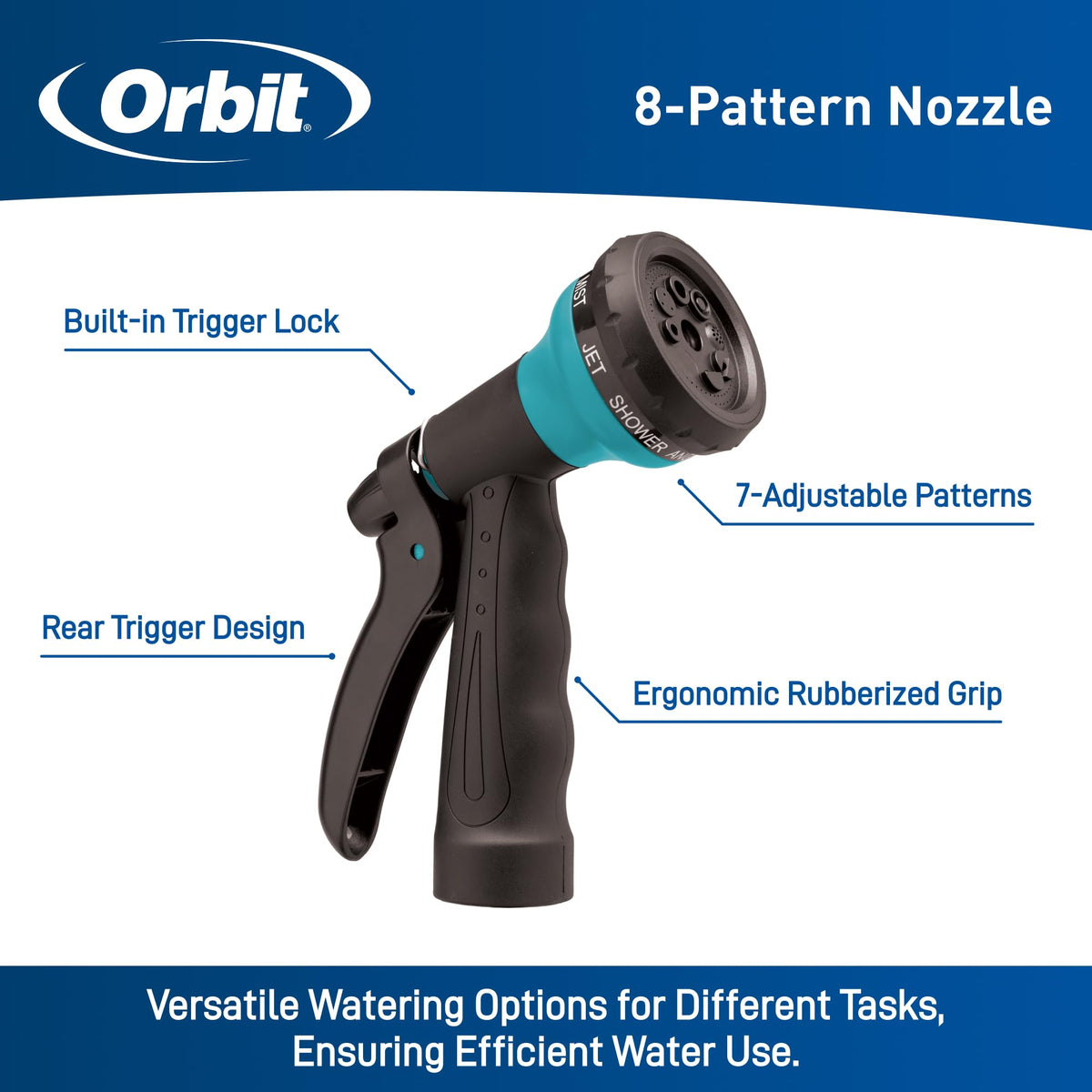 Orbit 26381 nozzle displaying eight spray patterns for versatile use