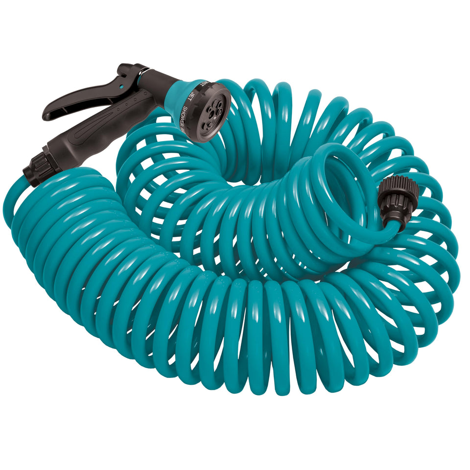 Orbit 26381 coil hose fully extended for 25 ft reach during garden watering