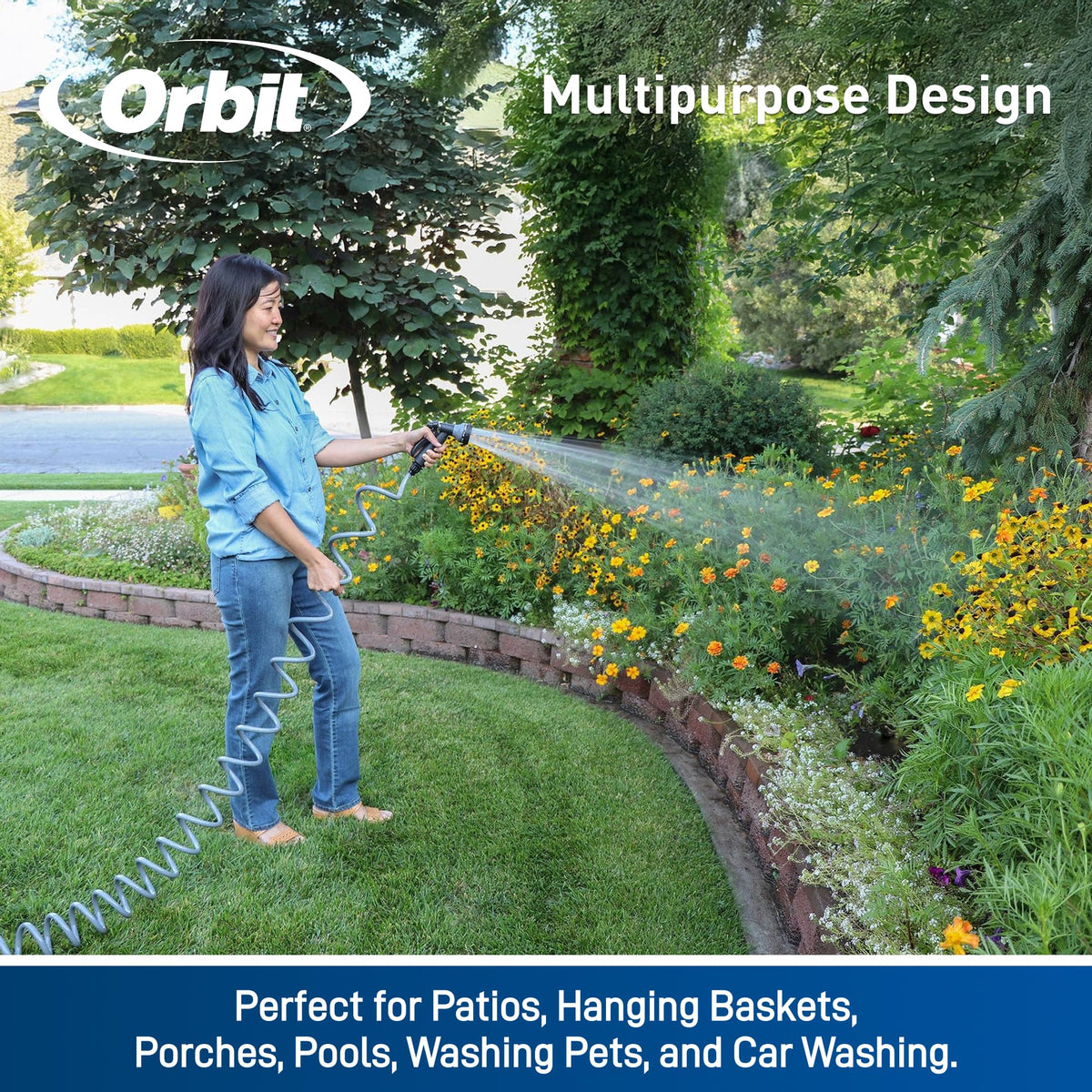 Orbit 27389 coil hose neatly coiled for compact storage