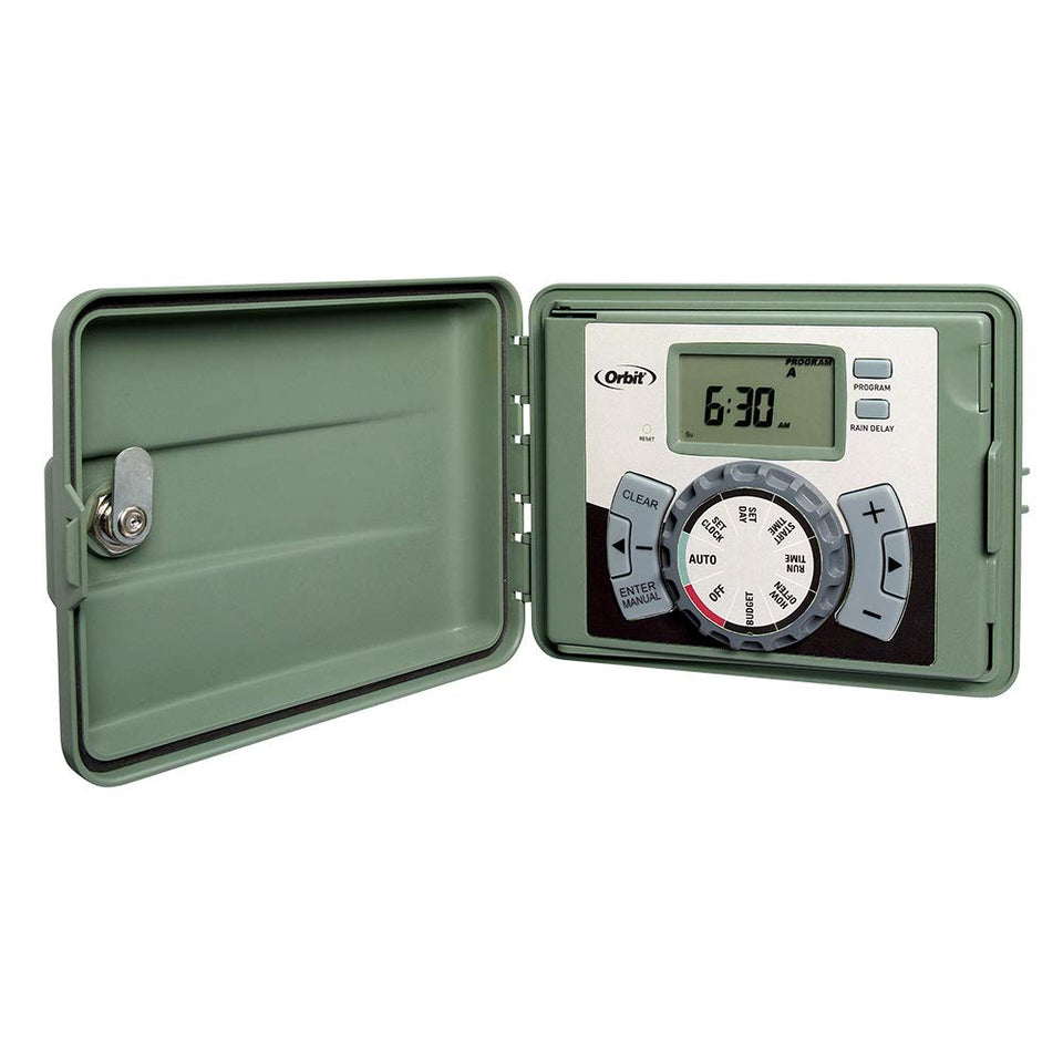Orbit 4-Station Swing Panel Timer front view with secure outdoor cabinet.