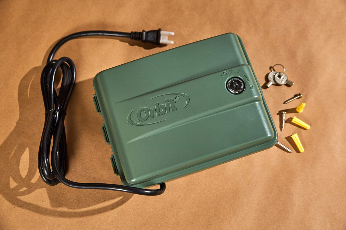 Orbit 4-Station Swing Panel Timer rain skip feature reduces watering waste.
