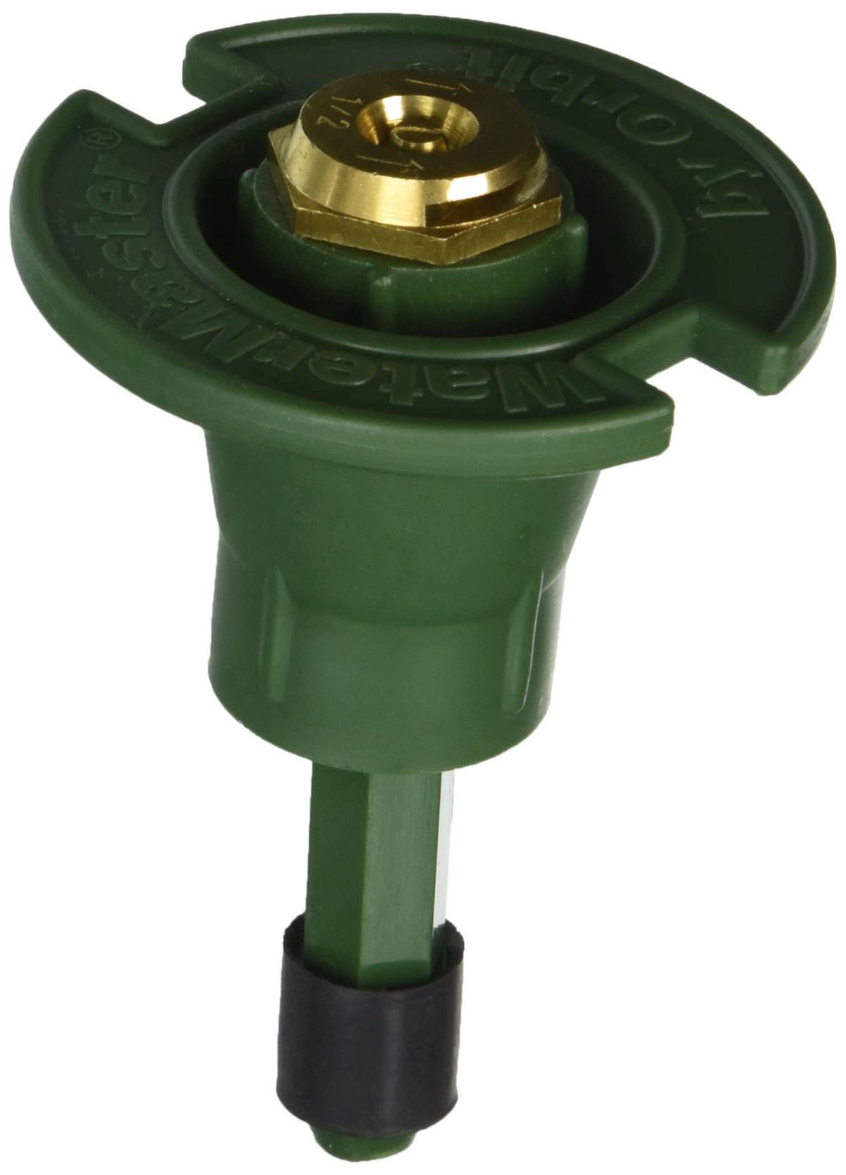 Orbit 54028 flush head close-up showing brass nozzle for even lawn coverage.