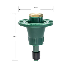 Orbit 54028 pop-up lawn sprinkler demonstrates higher spray reach for turf.