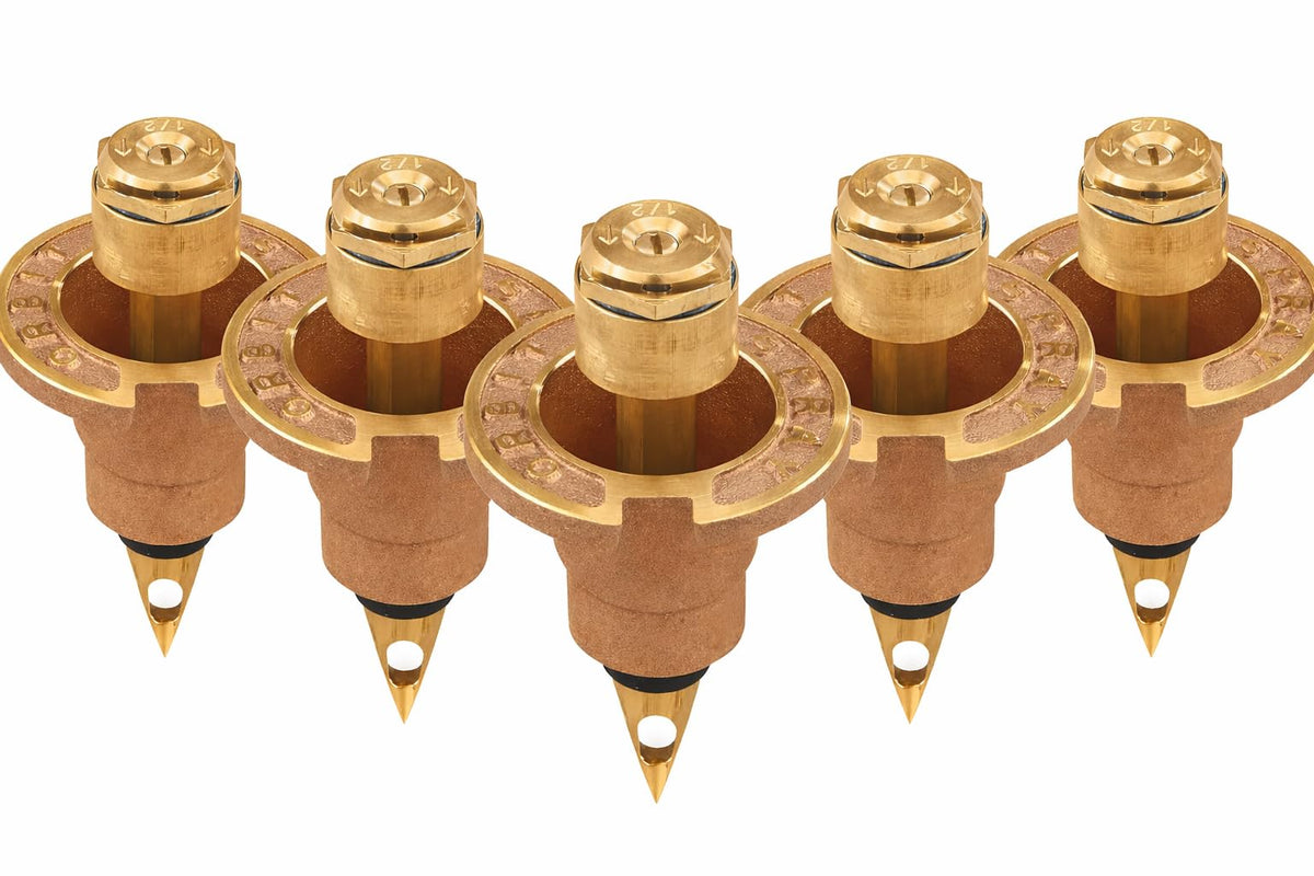 Orbit 54071 brass pop-up sprinkler head for efficient lawn coverage.