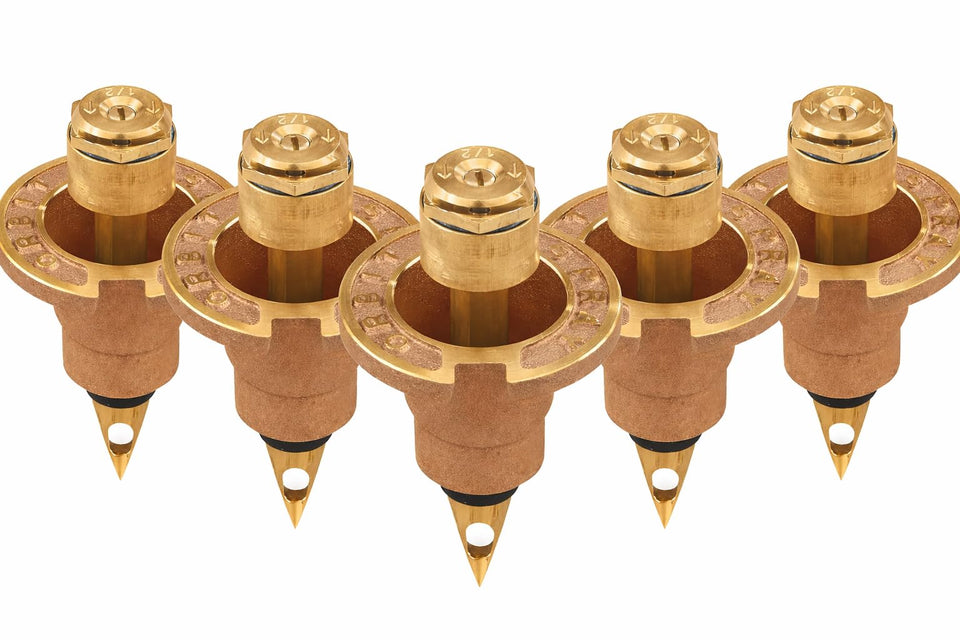 Orbit 54071 brass pop-up sprinkler head for efficient lawn coverage.