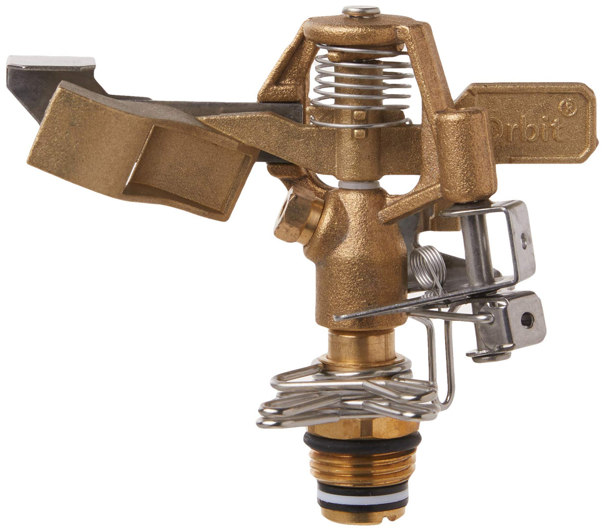 Orbit 55032 brass sprinkler head showing large-area coverage up to 90 feet