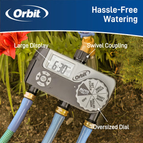 Orbit 56233D dual outlets showcase programmable watering options for zones.