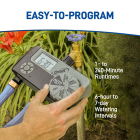 Orbit 56233D programming dial highlights simple scheduling for efficient watering.