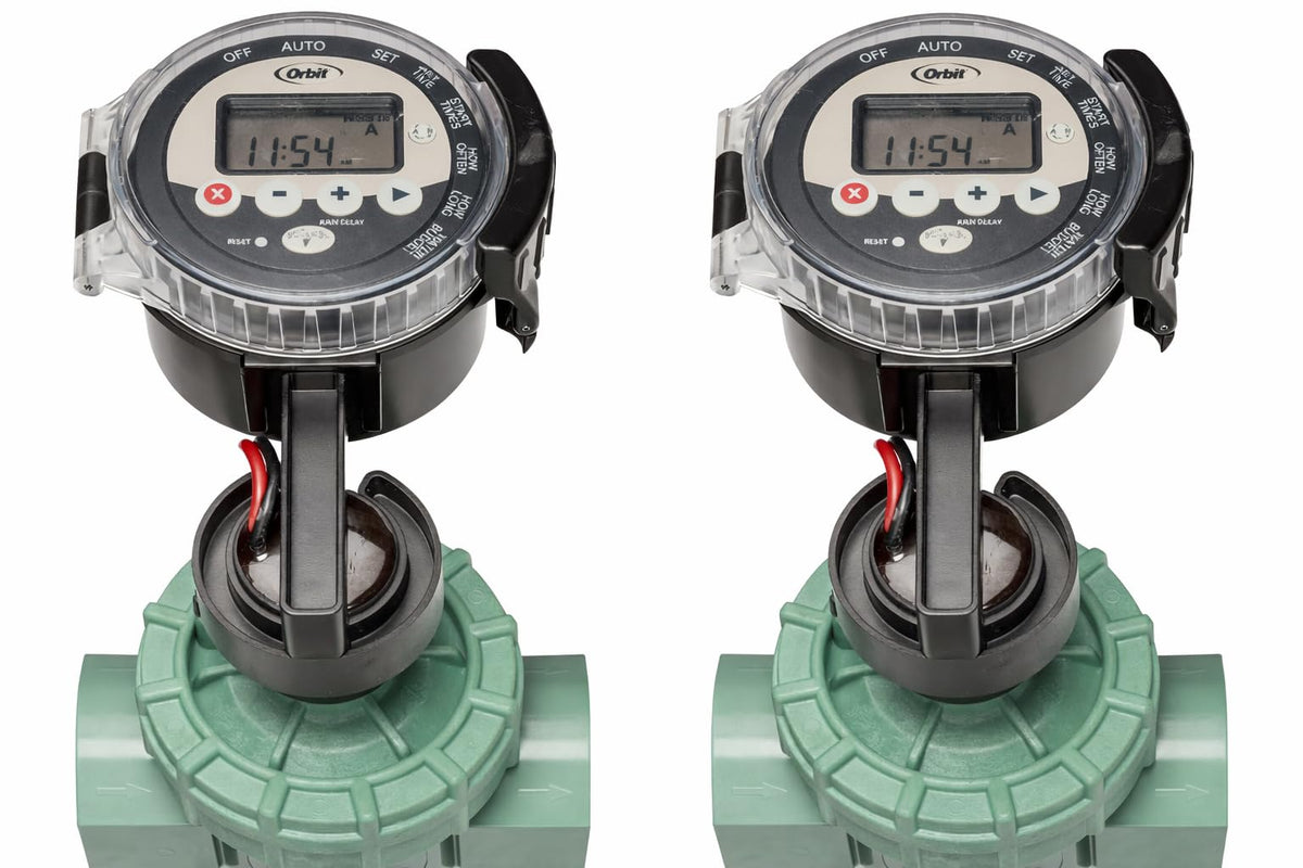 Orbit 57860 timer front view showing valve control for easy watering.