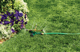 Orbit 58180N brass 3-arm sprinkler base with wheels for easy repositioning