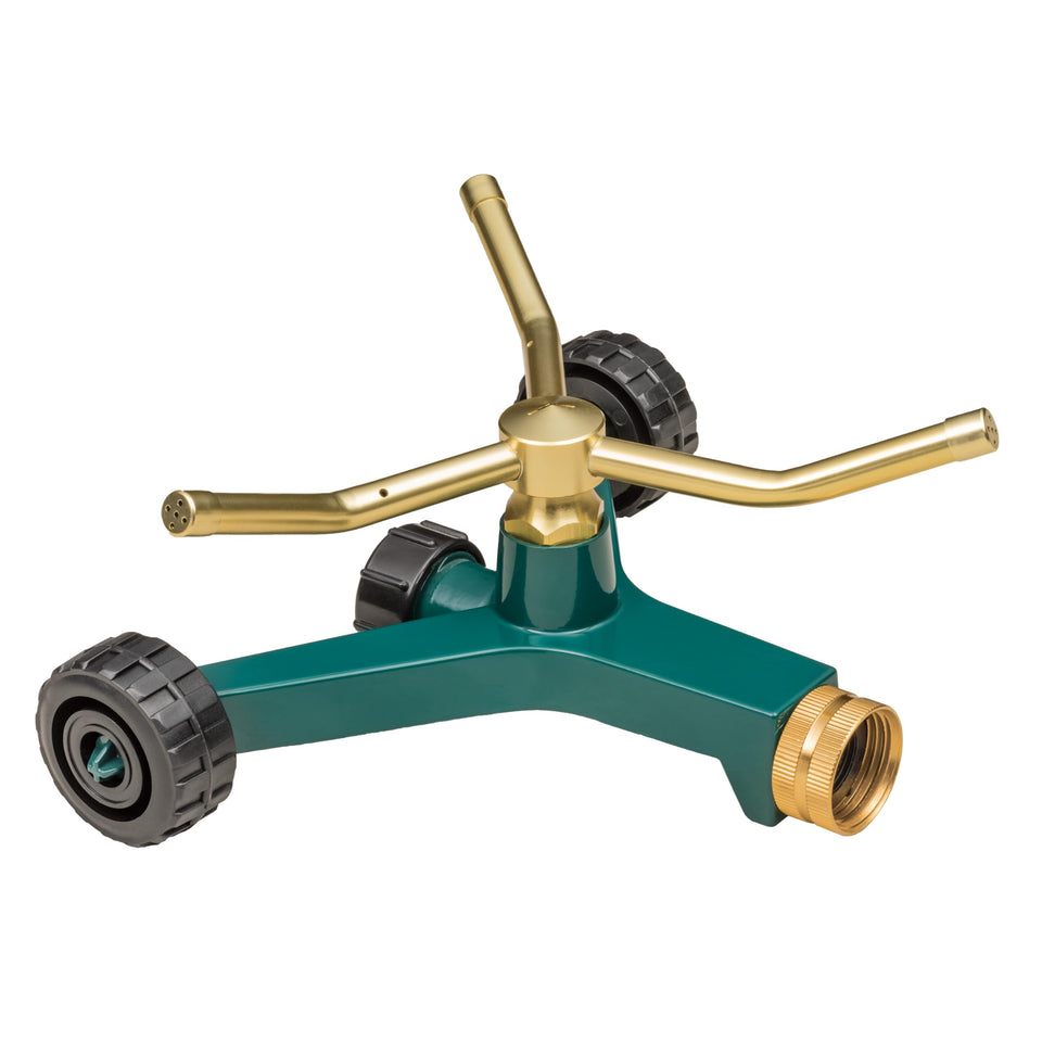 Orbit 58257N sprinkler with wheel base for easy repositioning and even lawn coverage.