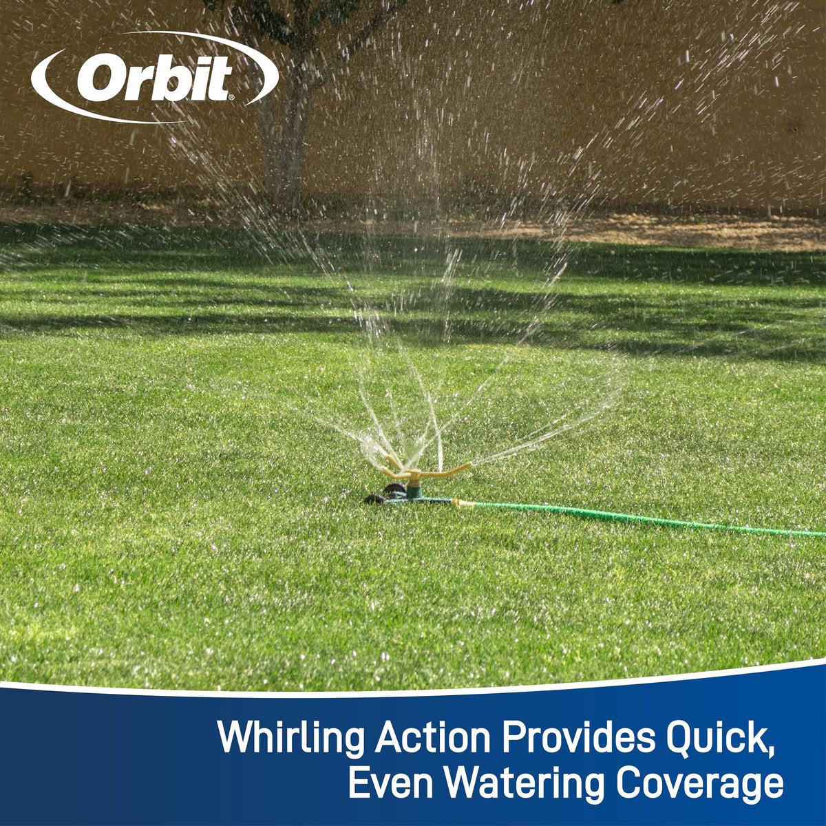 Orbit 58257N three-arm sprinkler delivering gentle, broad irrigation for gardens.