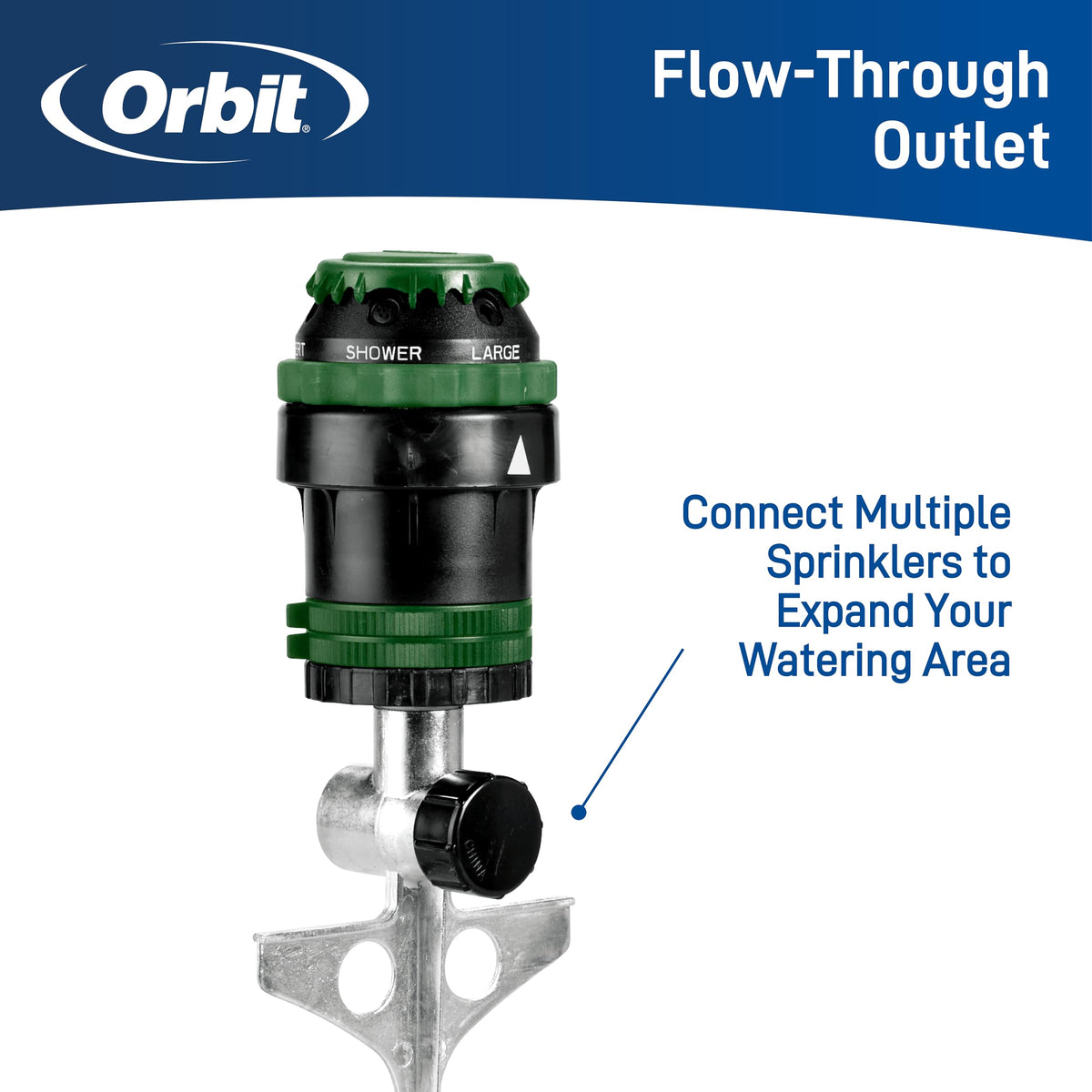Orbit 58573N H2O-Six Gear-Drive sprinkler, adjustable range 25–360 degrees for customization.
