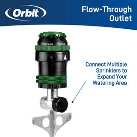 Orbit 58573N H2O-Six Gear-Drive sprinkler, adjustable range 25–360 degrees for customization.