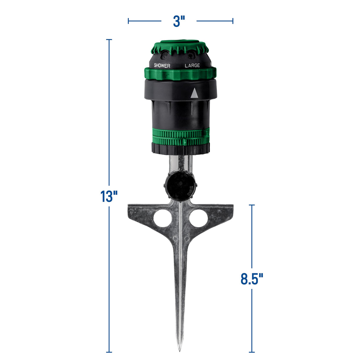 Orbit 58573N H2O-Six Gear-Drive sprinkler, four-position diffuser positions spray strength.