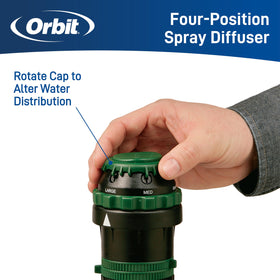 Orbit 58573N H2O-Six Gear-Drive sprinkler demonstrates durable gear-drive mechanism.