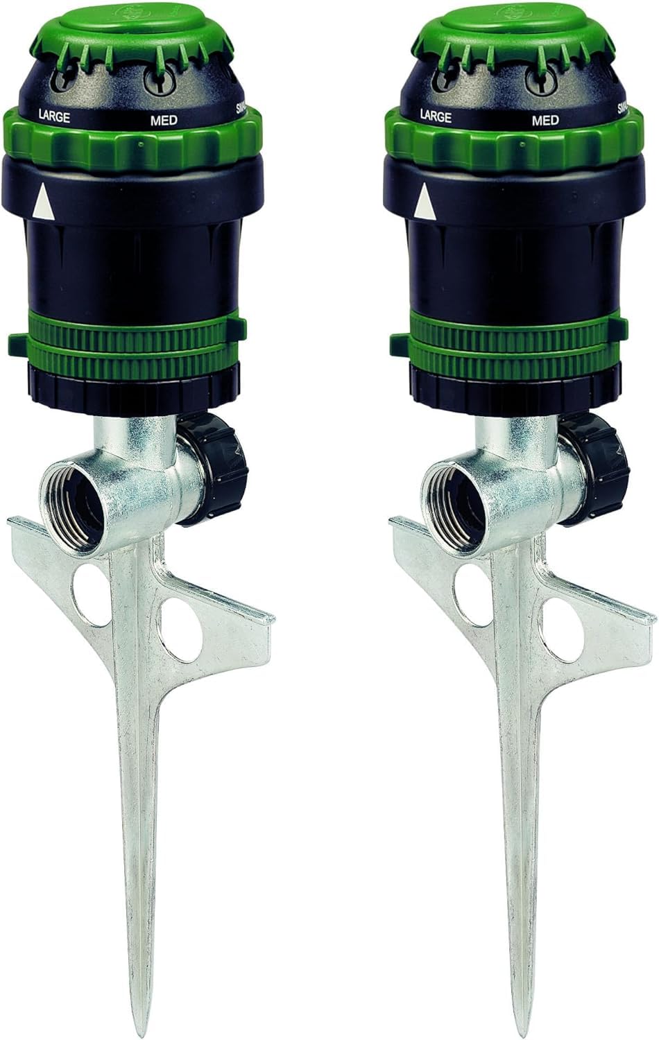 Orbit 58573N H2O-Six Gear-Drive sprinkler with metal T-spike for secure installation.