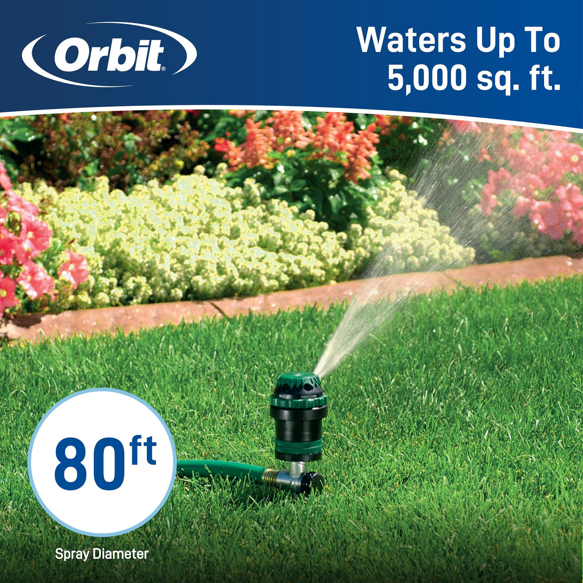 Orbit 58573N H2O-Six Gear-Drive sprinkler with six spray patterns for versatility.