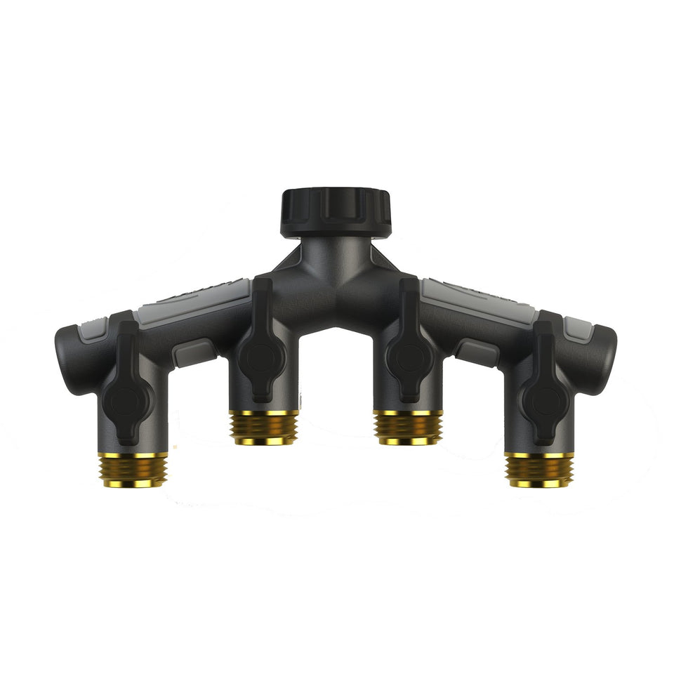 Orbit 58970 four-way manifold and shut-offs enable precise outdoor watering control