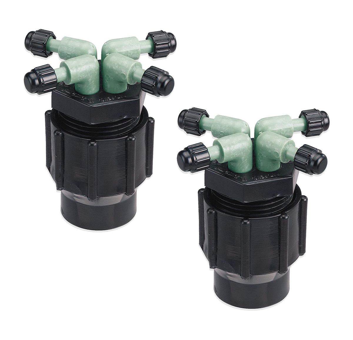 Orbit 67025 quad full-flow manifold front view for precise watering setups.