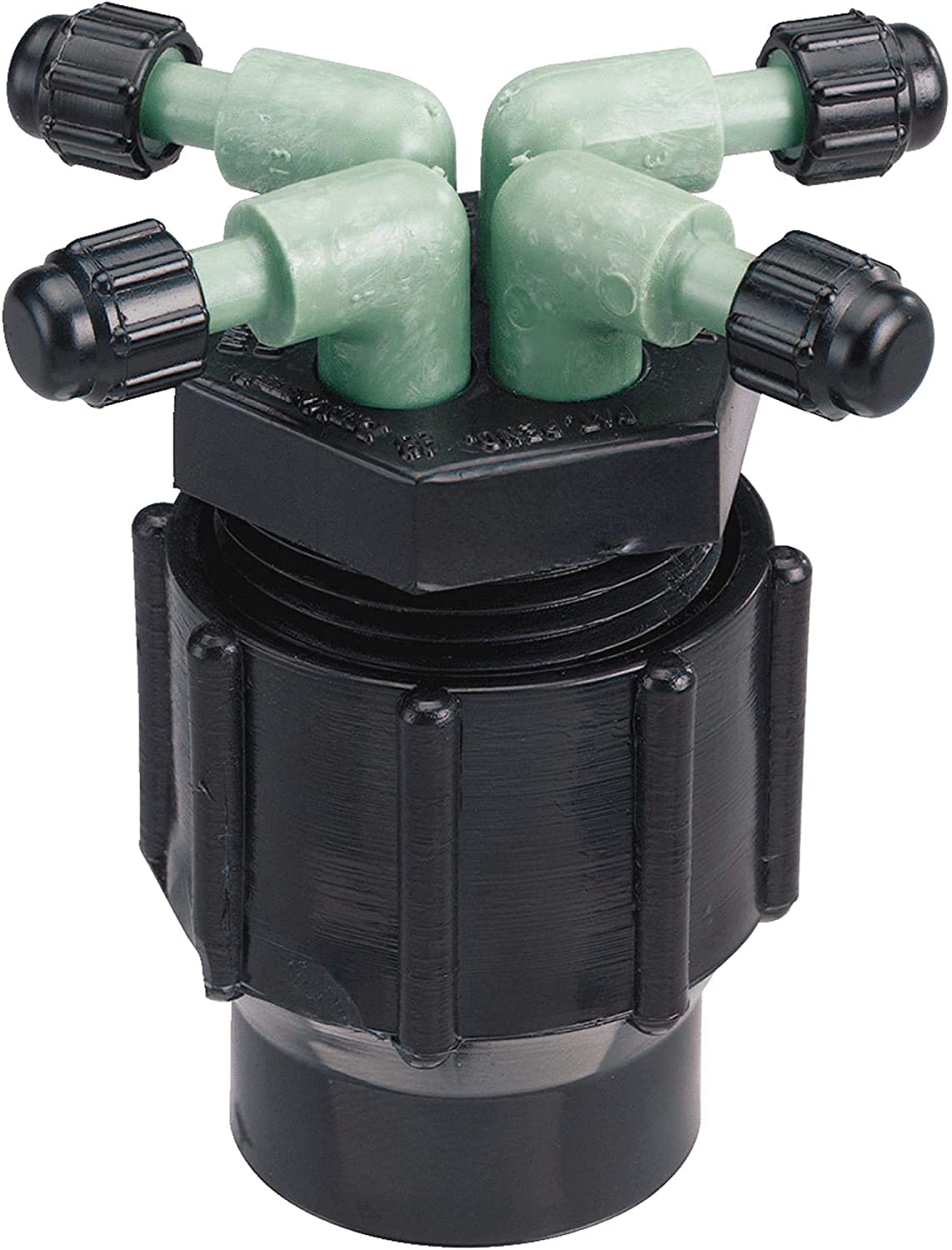 Orbit 67025 quad full-flow manifold installed with four ports for scalable irrigation.