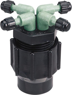 Orbit 67025 quad full-flow manifold installed with four ports for scalable irrigation.