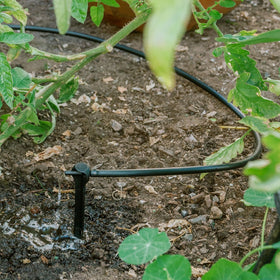 Orbit 67300 black LDPE tubing outdoors showing flexible irrigation option for beds