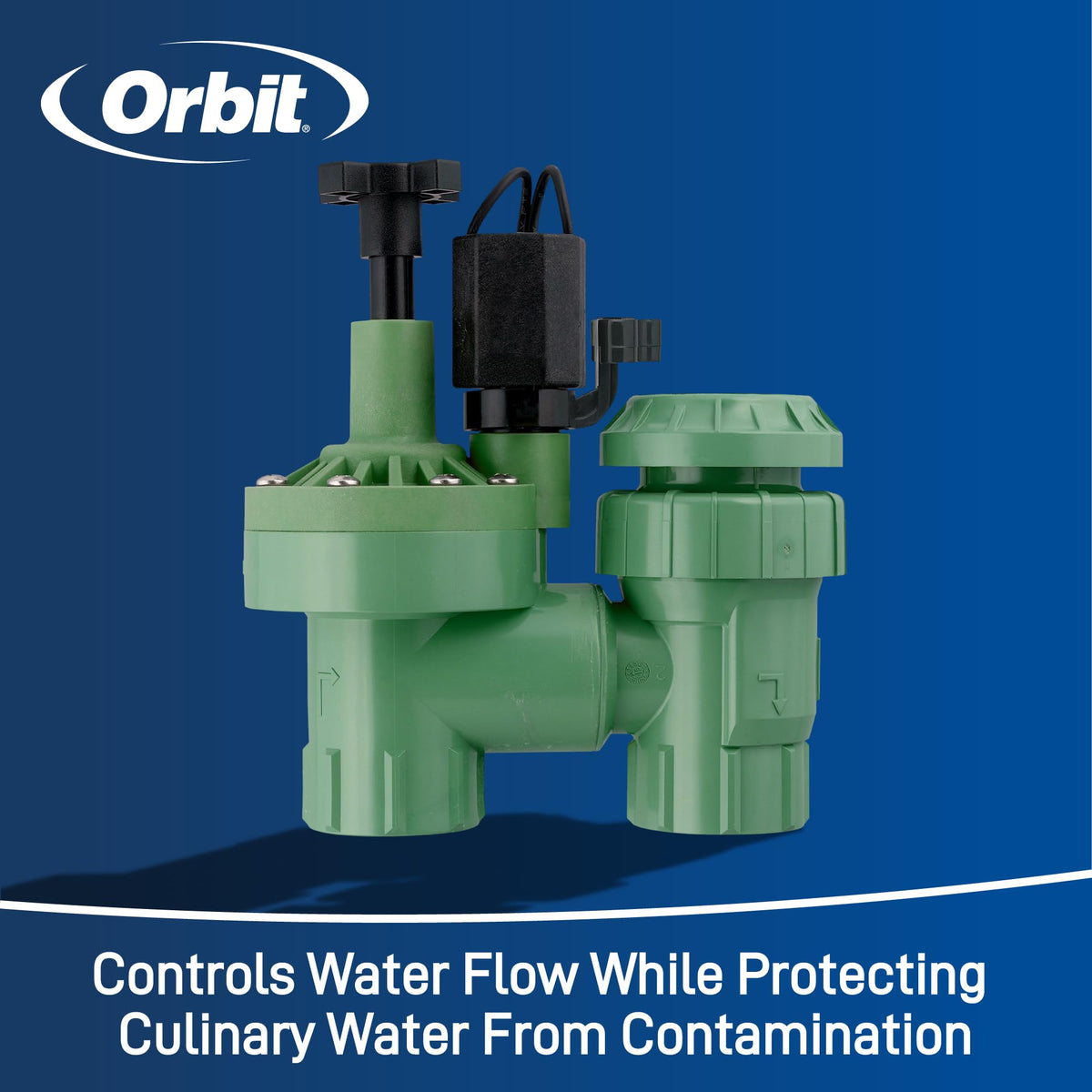 Orbit anti-siphon valve flow-control knob demonstrated for adjustable water flow.