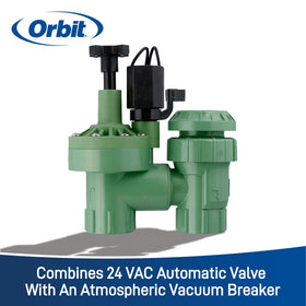 Orbit anti-siphon valve 24VAC solenoid highlighted for versatile controller compatibility.