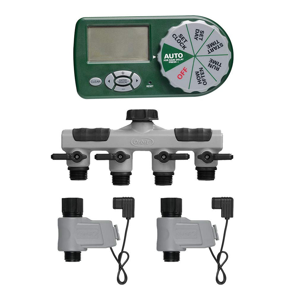 Orbit Automatic Yard Watering System four-valve manifold enabling four-zone irrigation for efficient yard care