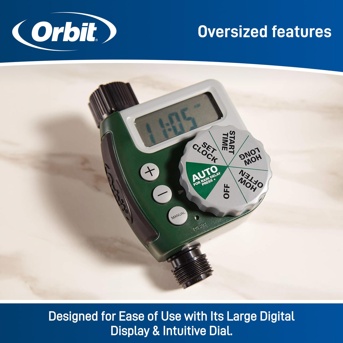 Orbit battery-powered hose timer designed for durable outdoor use in changing weather conditions.