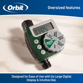 Orbit battery-powered hose timer designed for durable outdoor use in changing weather conditions.