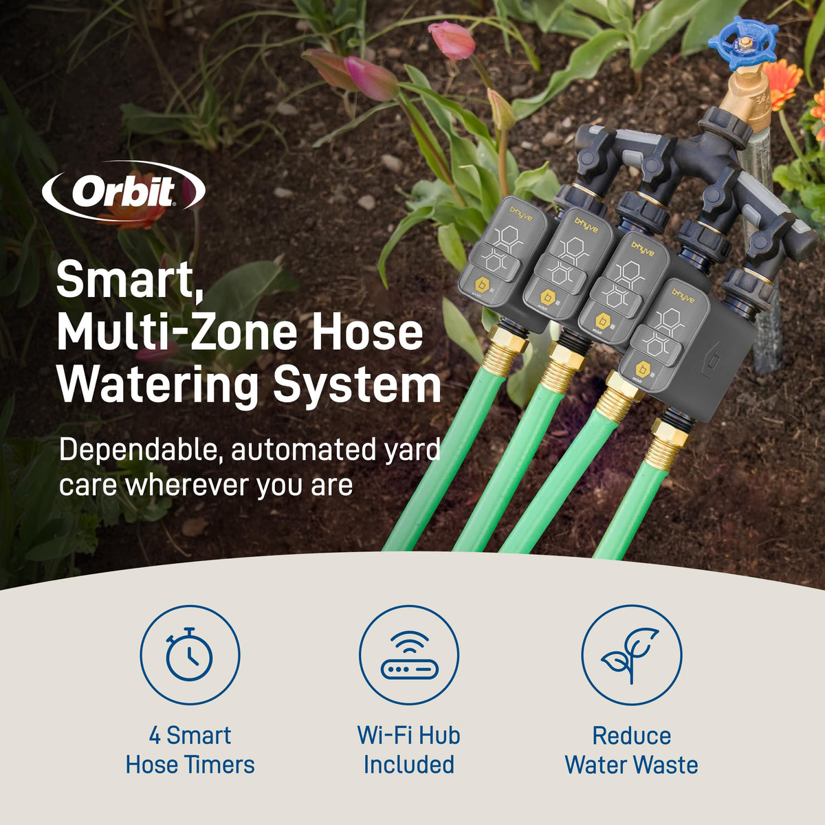 Orbit Bhyve Gen2 timer on hose connection demonstrates precise timer integration