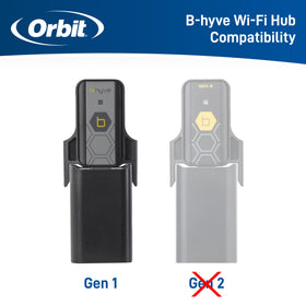 Orbit B-hyve Gen 1 hub gray demonstrates Wi-Fi setup for weather-based watering features