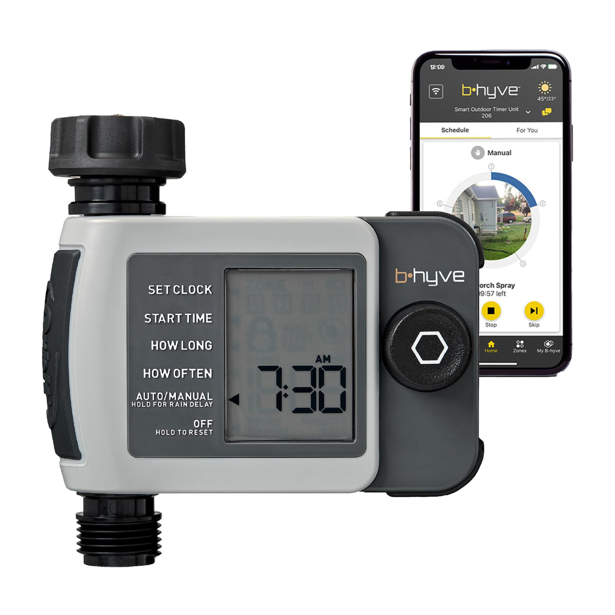 Orbit B-hyve XD timer on hose shows automatic watering for healthy soil