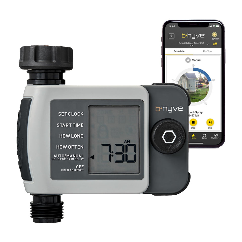 Orbit B-hyve XD timer on hose shows automatic watering for healthy soil