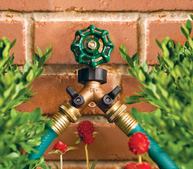Orbit brass adapter with swivel nut for easy installation on outdoor faucet.