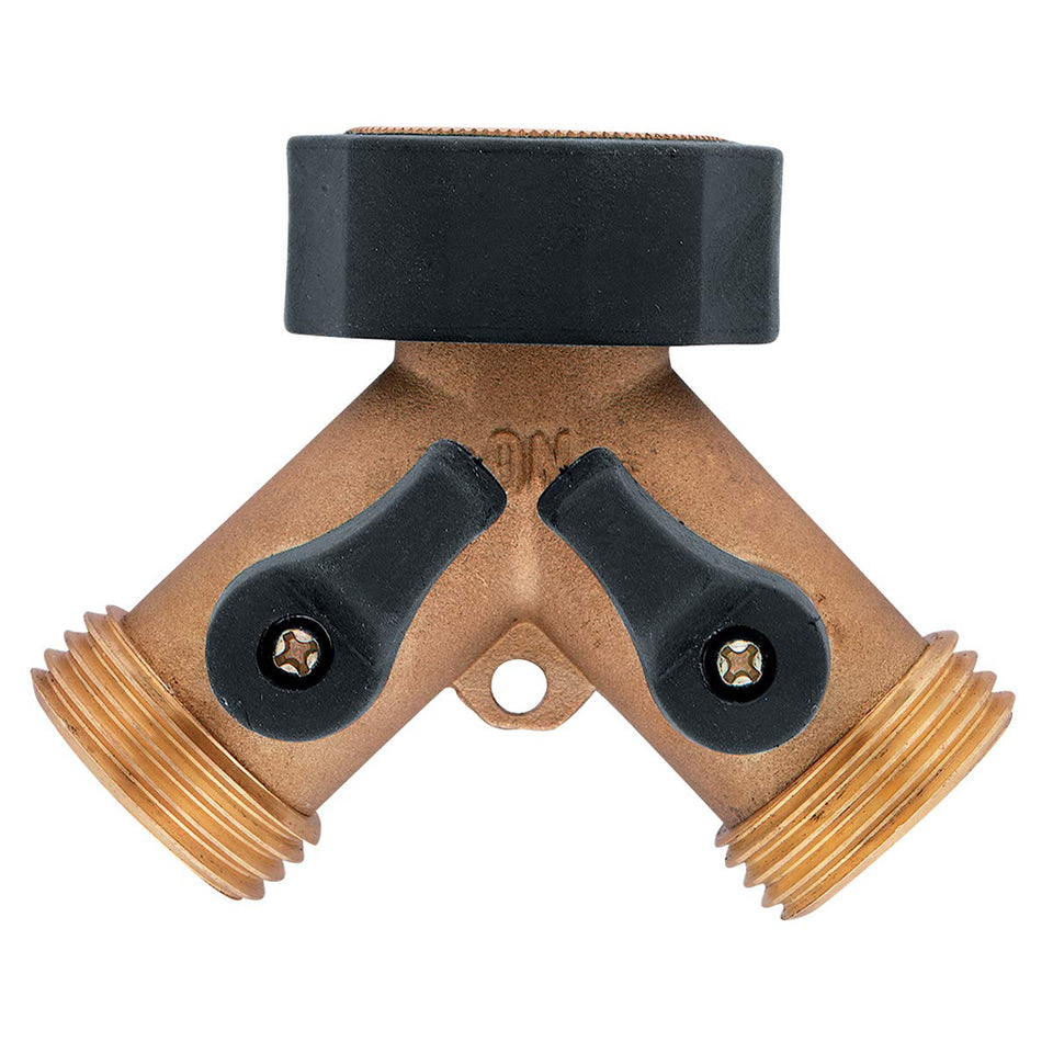 Orbit brass dual-outlet faucet adapter with two outlets for simultaneous watering.