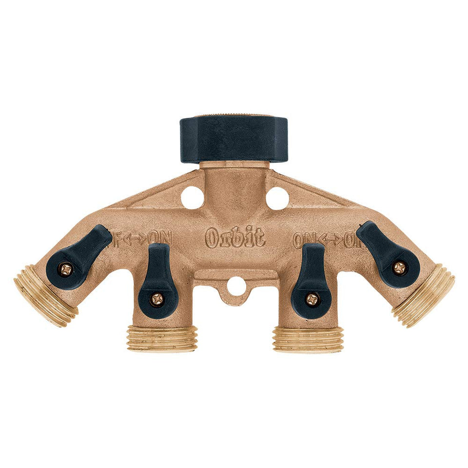 Orbit brass manifold with four outlets for versatile outdoor irrigation setups