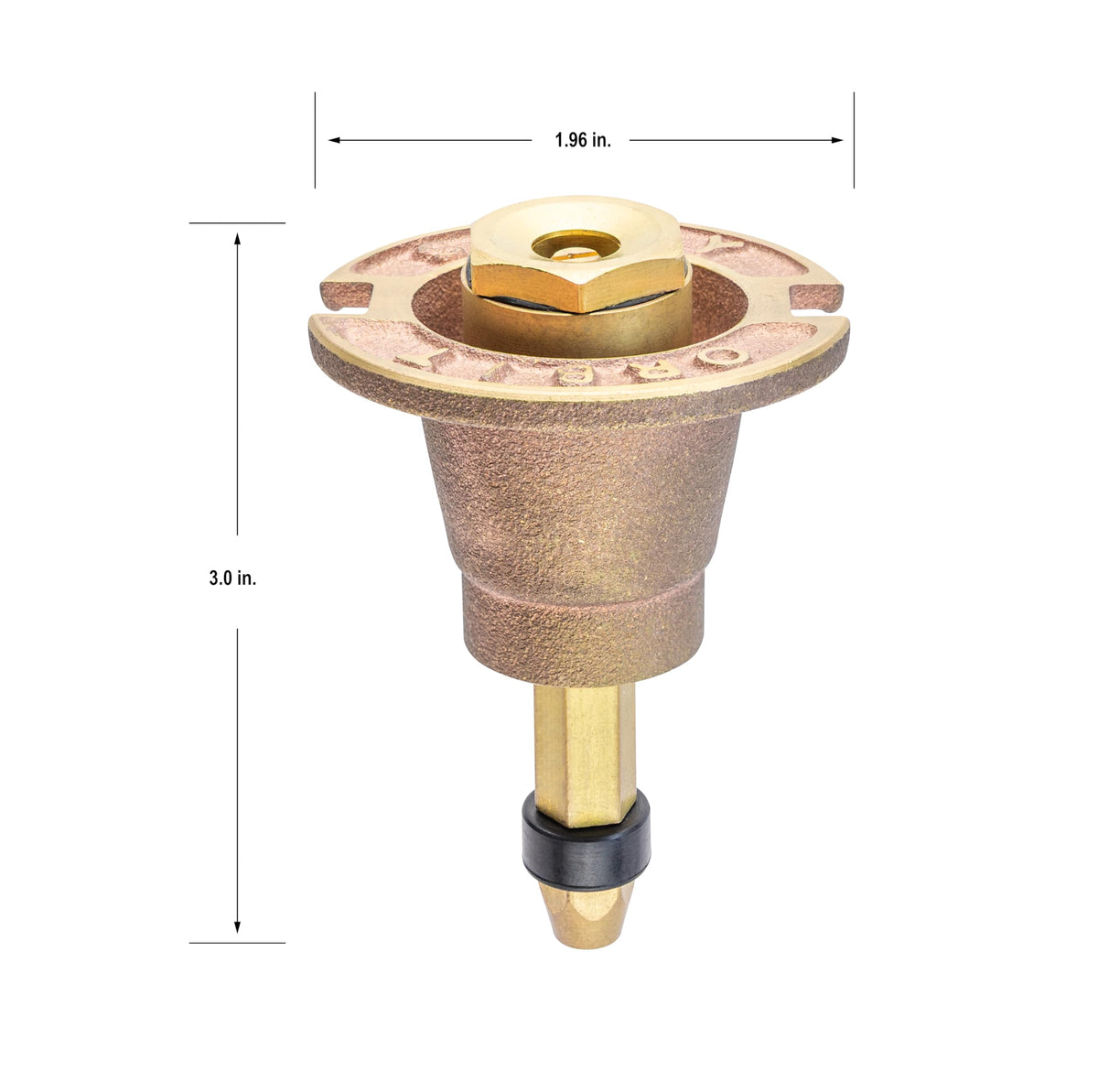 Orbit brass nozzle with flow adjustment to customize spray radius.