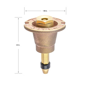 Orbit brass nozzle with flow adjustment to customize spray radius.