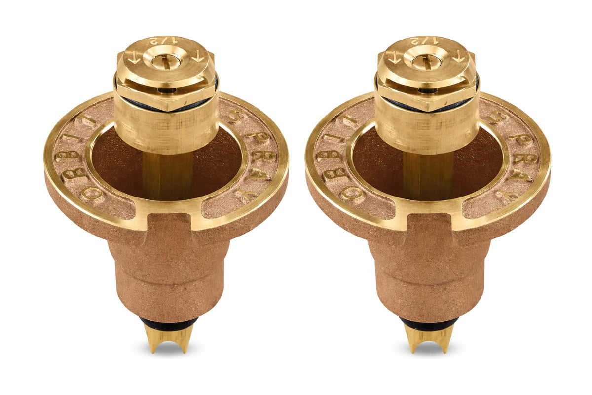 Orbit brass pop-up sprinkler head with half-pattern spray for lawns and gardens.