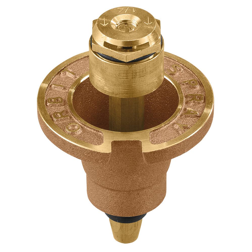 Orbit brass pop-up flush head sprinkler provides reliable quarter-circle coverage for compact lawns.