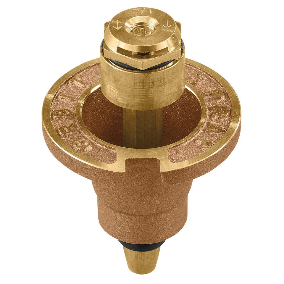 Orbit brass pop-up flush head sprinkler provides reliable quarter-circle coverage for compact lawns.