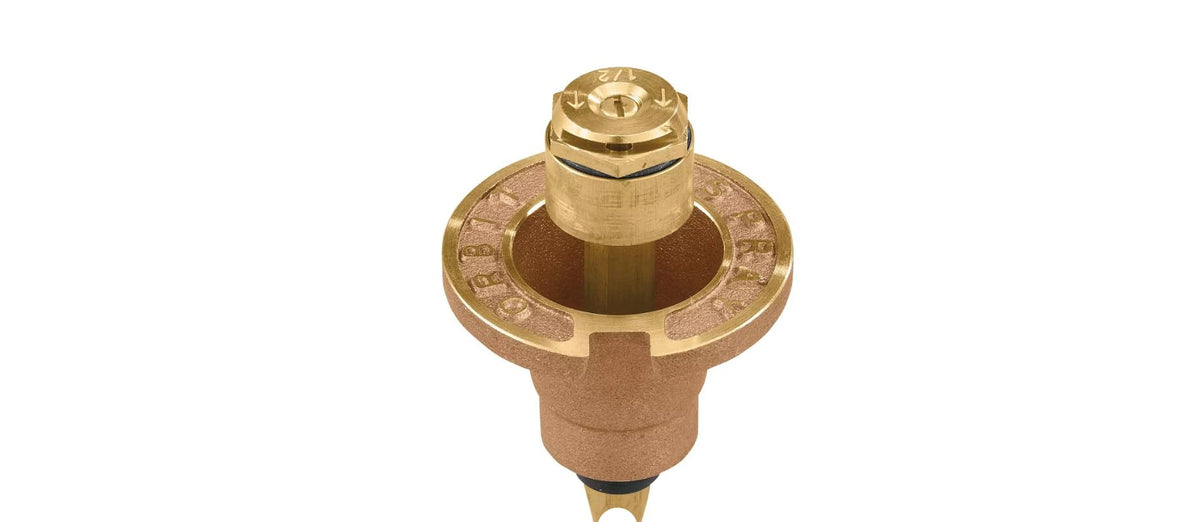 Orbit brass pop-up head with one-and-a-half-inch height for lawns.